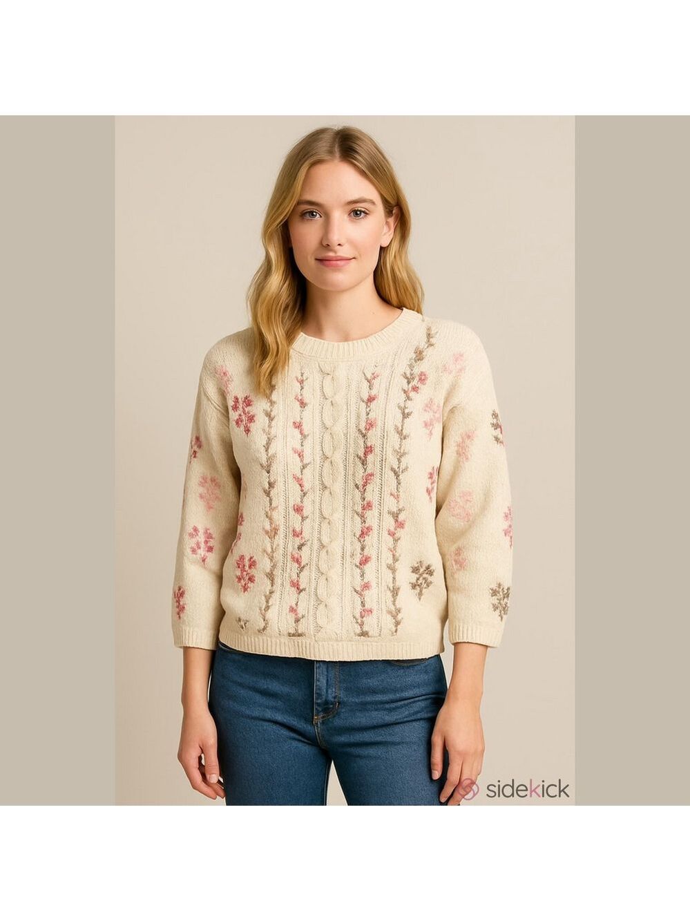 Vintage Cottagecore Cream Sweater with Pink Floral Accents